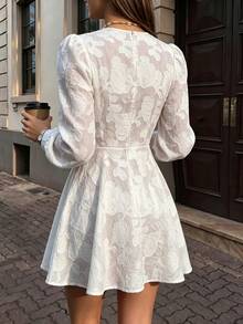 INAWLY Autumn New Premium Embossed Rose Hollow Lace Dress With Ruffled Pearl Small Round Neck, Puff Long Sleeves, Cinched Waist And Full Skirt - White - View 2