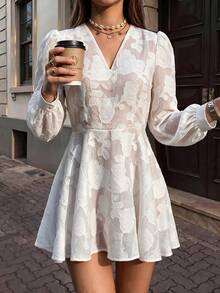 INAWLY Autumn New Premium Embossed Rose Hollow Lace Dress With Ruffled Pearl Small Round Neck, Puff Long Sleeves, Cinched Waist And Full Skirt - White - View 3