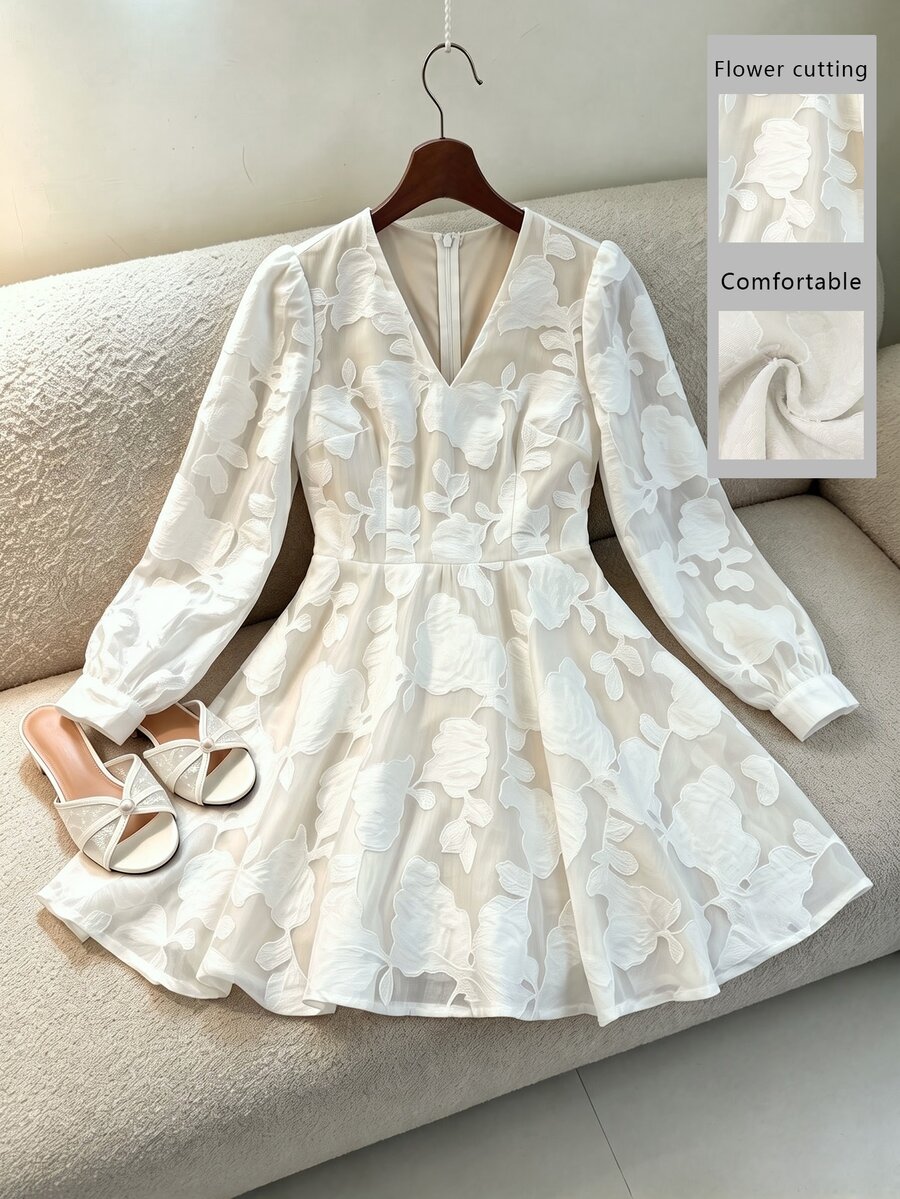 INAWLY Autumn New Premium Embossed Rose Hollow Lace Dress With Ruffled Pearl Small Round Neck, Puff Long Sleeves, Cinched Waist And Full Skirt - White - View 1