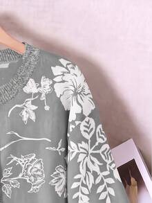 Resyla Spring/Autumn New Light Gray Base White Large Floral Jacquard Cardigan, Plus Size Long Sleeve Dropped Shoulder Loose Knit Cardigan, Soft Outerwear For Women's Daily Wear - Multicolor - View 3