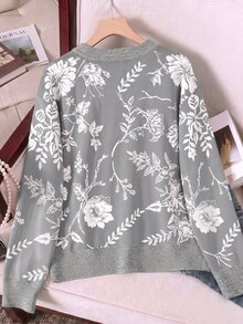 Resyla Spring/Autumn New Light Gray Base White Large Floral Jacquard Cardigan, Plus Size Long Sleeve Dropped Shoulder Loose Knit Cardigan, Soft Outerwear For Women's Daily Wear - Multicolor - View 2