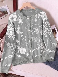 Resyla Spring/Autumn New Light Gray Base White Large Floral Jacquard Cardigan, Plus Size Long Sleeve Dropped Shoulder Loose Knit Cardigan, Soft Outerwear For Women's Daily Wear - Multicolor - View 1