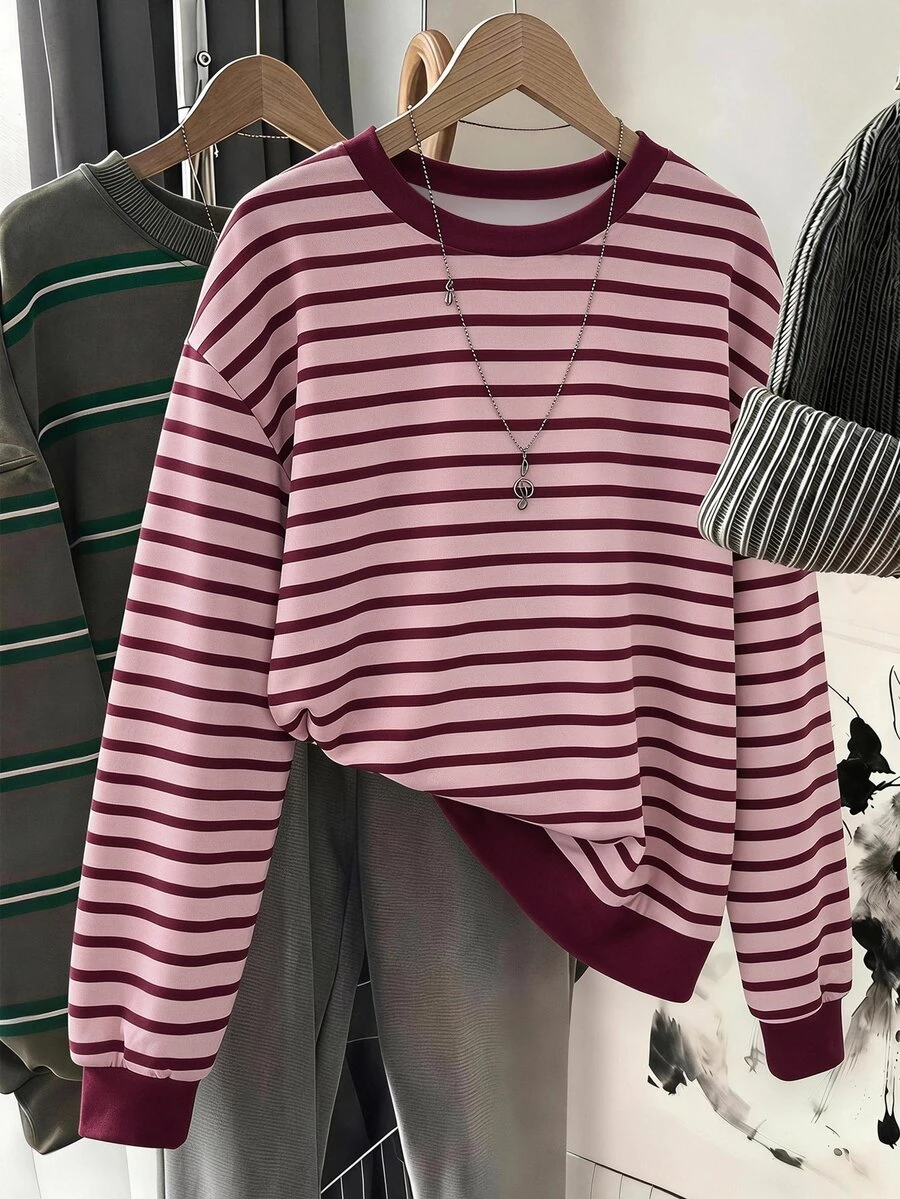 SHEIN LUNE 大尺碼女款極簡條紋拼色長袖運動衫 冬季 - 彩色 - 查看 1