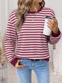 SHEIN LUNE 大尺碼女款極簡條紋拼色長袖運動衫 冬季 - 彩色 - 查看 6