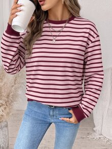 SHEIN LUNE 大尺碼女款極簡條紋拼色長袖運動衫 冬季 - 彩色 - 查看 8