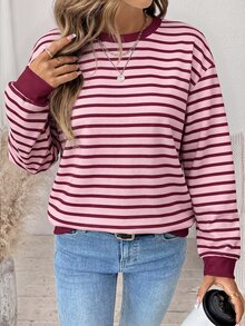 SHEIN LUNE 大尺碼女款極簡條紋拼色長袖運動衫 冬季 - 彩色 - 查看 7