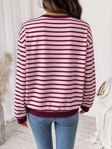 SHEIN LUNE 大尺碼女款極簡條紋拼色長袖運動衫 冬季 - 彩色 - 查看 2