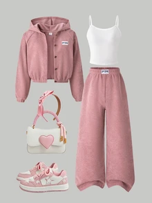 SHEIN 青少年女孩秋季套裝 連帽長袖開襟短夾克 灰粉色細肩帶上衣 鬆緊腰寬腿長褲 校園風 白色 80年代可愛風 - 粉色 - 查看 3