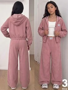SHEIN 青少年女孩秋季套裝 連帽長袖開襟短夾克 灰粉色細肩帶上衣 鬆緊腰寬腿長褲 校園風 白色 80年代可愛風 - 粉色 - 查看 1