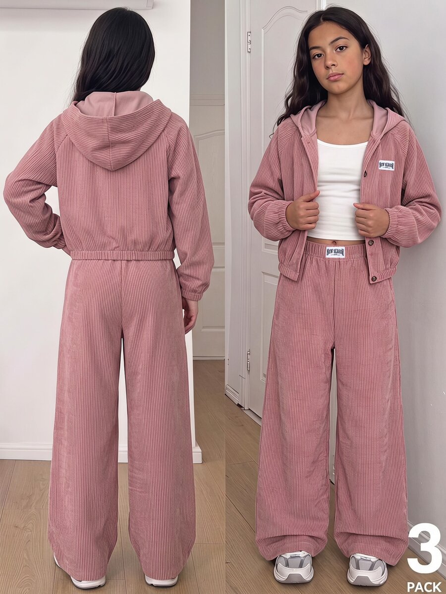 SHEIN 青少年女孩秋季套裝 連帽長袖開襟短夾克 灰粉色細肩帶上衣 鬆緊腰寬腿長褲 校園風 白色 80年代可愛風 - 粉色 - 查看 1