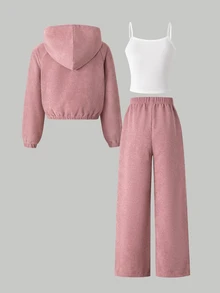 SHEIN 青少年女孩秋季套裝 連帽長袖開襟短夾克 灰粉色細肩帶上衣 鬆緊腰寬腿長褲 校園風 白色 80年代可愛風 - 粉色 - 查看 2
