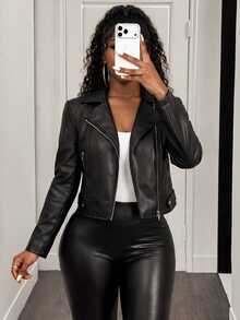 BamGleam Zip Up PU Leather Biker Jacket - Black - View 4