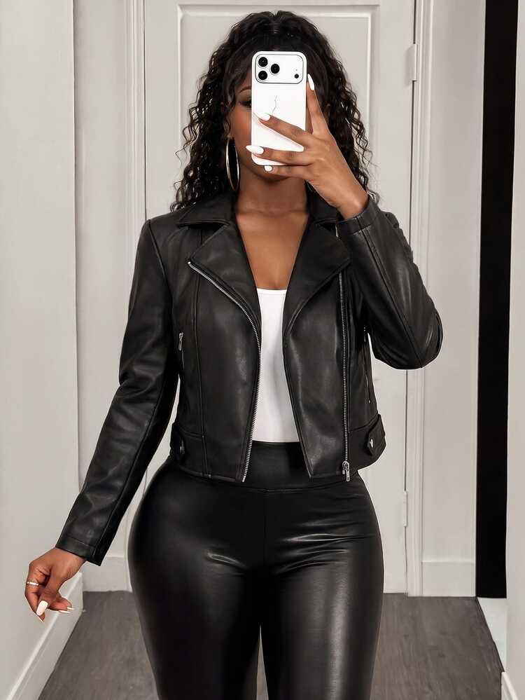 BamGleam Zip Up PU Leather Moto Jacket Fall Winter Cloth For Women - Black - View 3