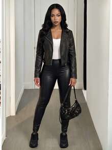 BamGleam Zip Up PU Leather Biker Jacket - Black - View 2