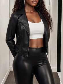 BamGleam Zip Up PU Leather Biker Jacket - Black - View 6