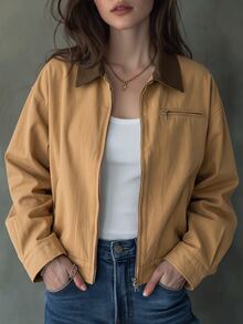 Struktiv Cropped Jacket, Contrast Collar Zip‑Up Drop‑Shoulder Long Sleeve, For Daily Commuting Street Wear, Vintage Casual Spring Fall Khaki Jacket - Khaki - View 4