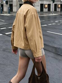 Struktiv Cropped Jacket, Contrast Collar Zip‑Up Drop‑Shoulder Long Sleeve, For Daily Commuting Street Wear, Vintage Casual Spring Fall Khaki Jacket - Khaki - View 2