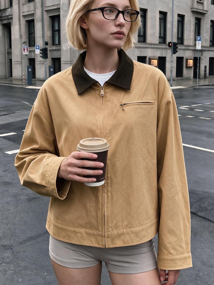 Struktiv Cropped Jacket, Contrast Collar Zip‑Up Drop‑Shoulder Long Sleeve, For Daily Commuting Street Wear, Vintage Casual Spring Fall Khaki Jacket - Khaki - View 1