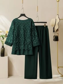Lacomfia 2pcs/Set: Elegant Mesh Patchwork Loose Round Neck 3/4 Sleeve Blouse And Elastic Waist Pants, Plus Size, Spring & Autumn Fall - Dark Green - View 2