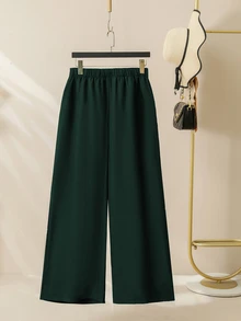 Lacomfia 2pcs/Set: Elegant Mesh Patchwork Loose Round Neck 3/4 Sleeve Blouse And Elastic Waist Pants, Plus Size, Spring & Autumn Fall - Dark Green - View 5