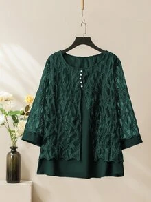 Lacomfia 2pcs/Set: Elegant Mesh Patchwork Loose Round Neck 3/4 Sleeve Blouse And Elastic Waist Pants, Plus Size, Spring & Autumn Fall - Dark Green - View 7