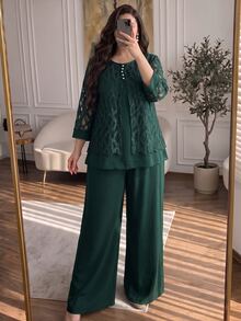 Lacomfia 2pcs/Set: Elegant Mesh Patchwork Loose Round Neck 3/4 Sleeve Blouse And Elastic Waist Pants, Plus Size, Spring & Autumn Fall - Dark Green - View 1