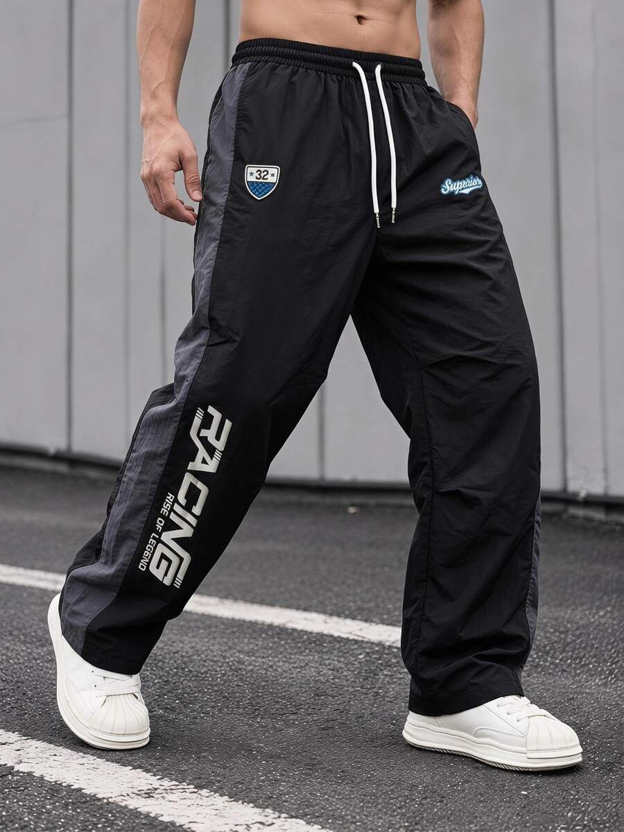 Sport MetroGents Men's Letter Print Drawstring Waist Loose Casual Sweatpants,Fall Breathable Sweat-Wicking Lightweight Wide Leg Track Pants For Workout Gym Wear - Black - View 1