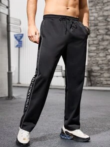 Sport MetroGents 男士字母印花抽绳腰休闲健身运动裤 - 黑色 - 查看 4