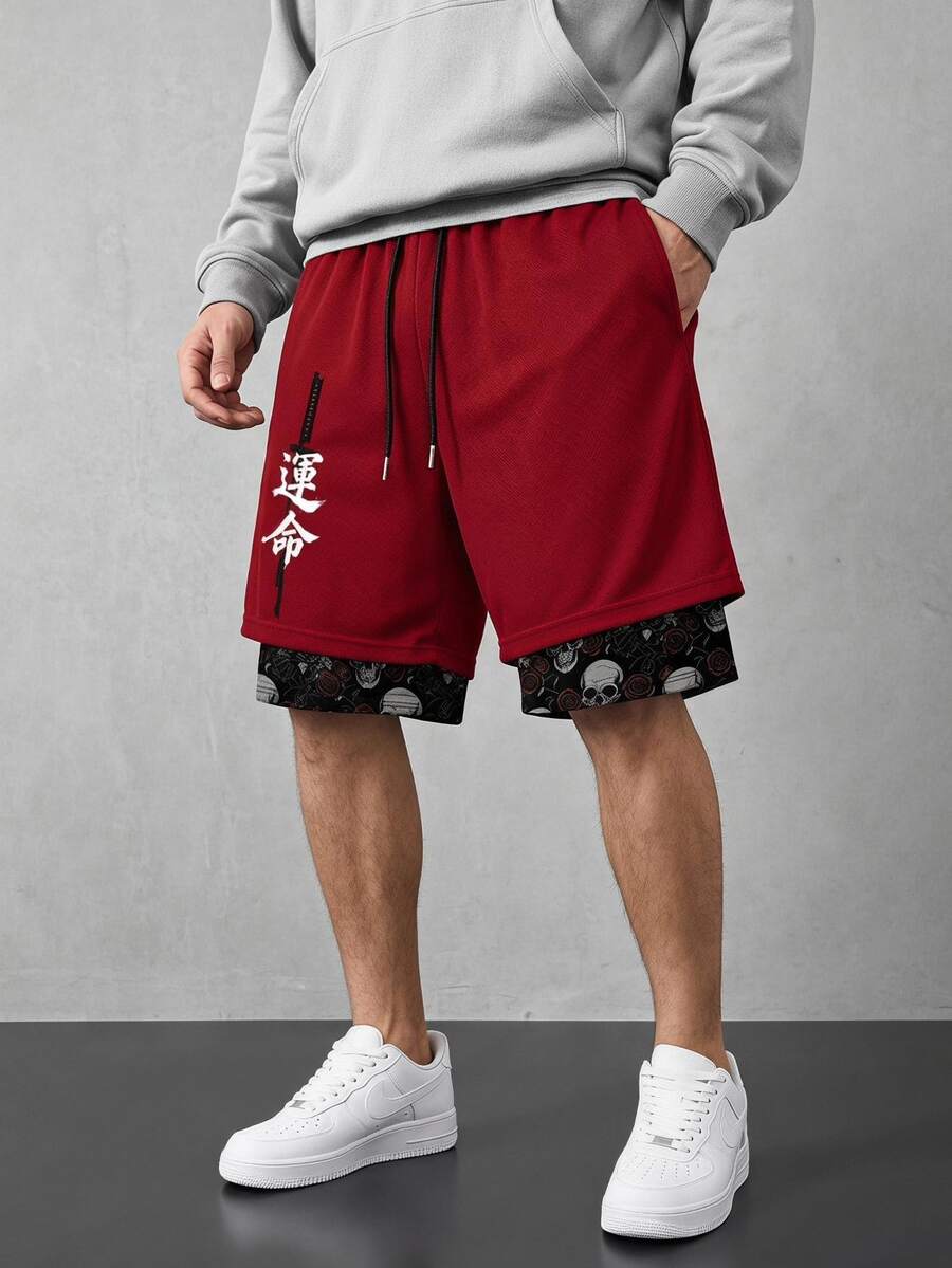 Sport MetroGents 男士抽繩腰頭文字印花休閒運動寬鬆日常運動短褲,健身房萬聖節跑步櫻桃紅夏季 - 彩色 - 查看 1