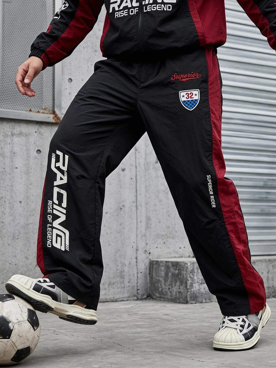 Sport MetroGents 男款拼色字母印花抽繩腰運動休閒長褲 秋季透氣輕量健身褲 - 黑色 - 查看 1