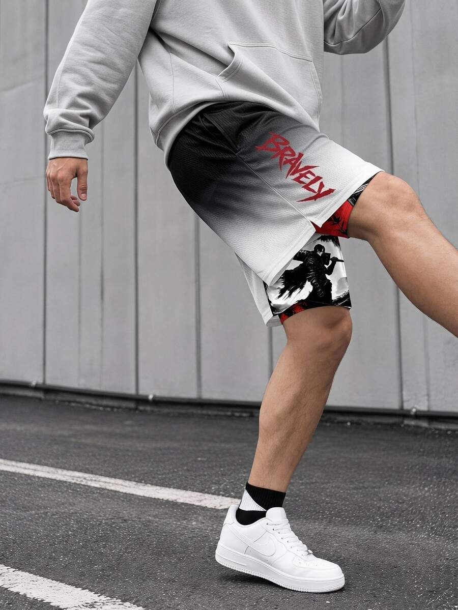Sport MetroGents 男士休閒字母印花抽繩腰雙層運動短褲,健身房適用 - 彩色 - 查看 1
