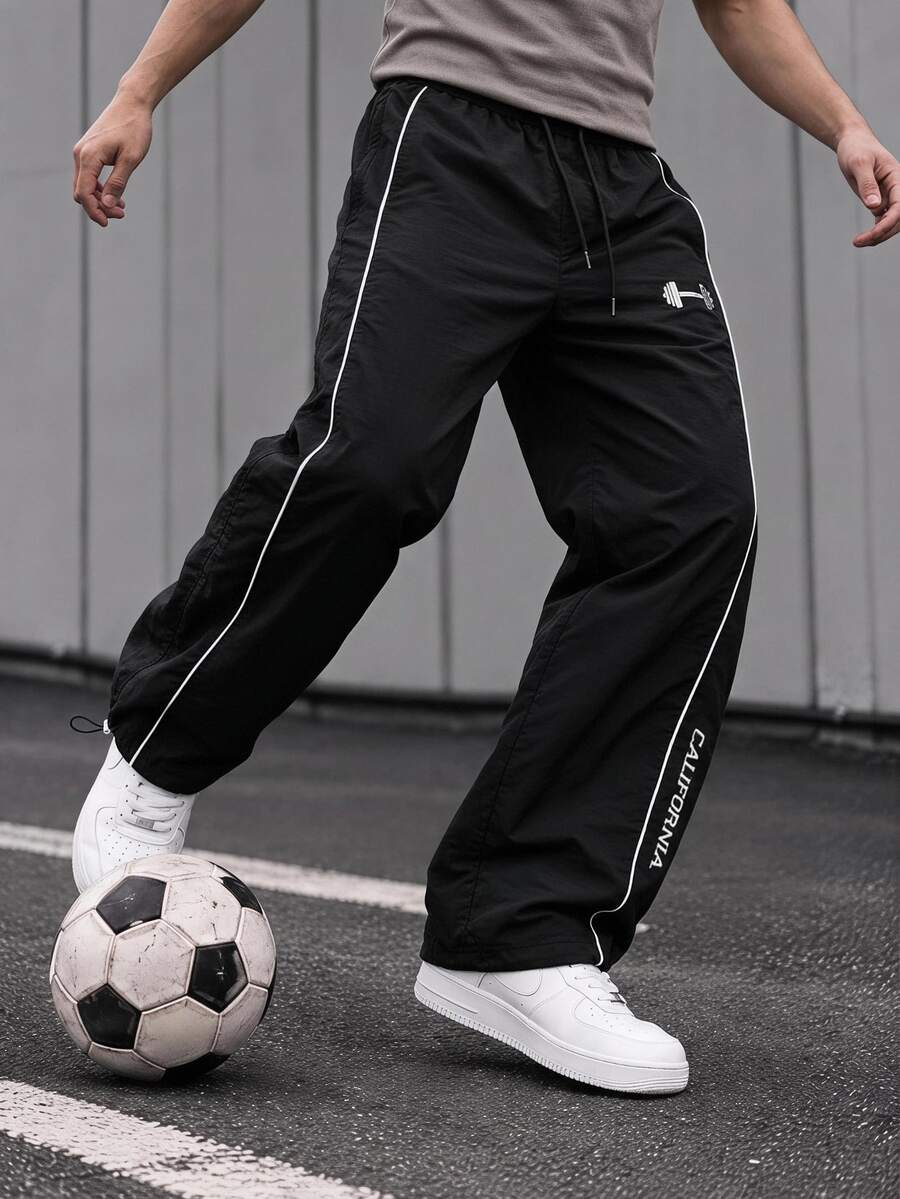 Sport MetroGents 男士抽繩彈性腰對比飾邊時尚運動長褲,健身房適用 - 黑色 - 查看 1