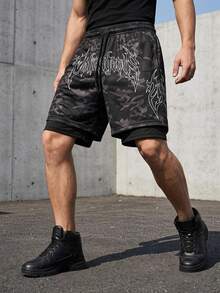 Gym Rark Men's Letter Print Drawstring Waist Sports Shorts, Gym - Black - View 1