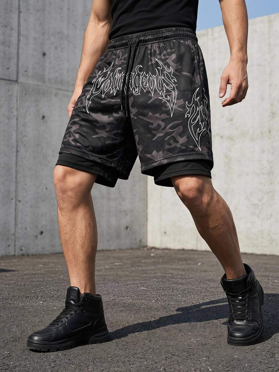 Gym Rark Men's Letter Print Drawstring Waist Sports Shorts, Gym - Black - View 1