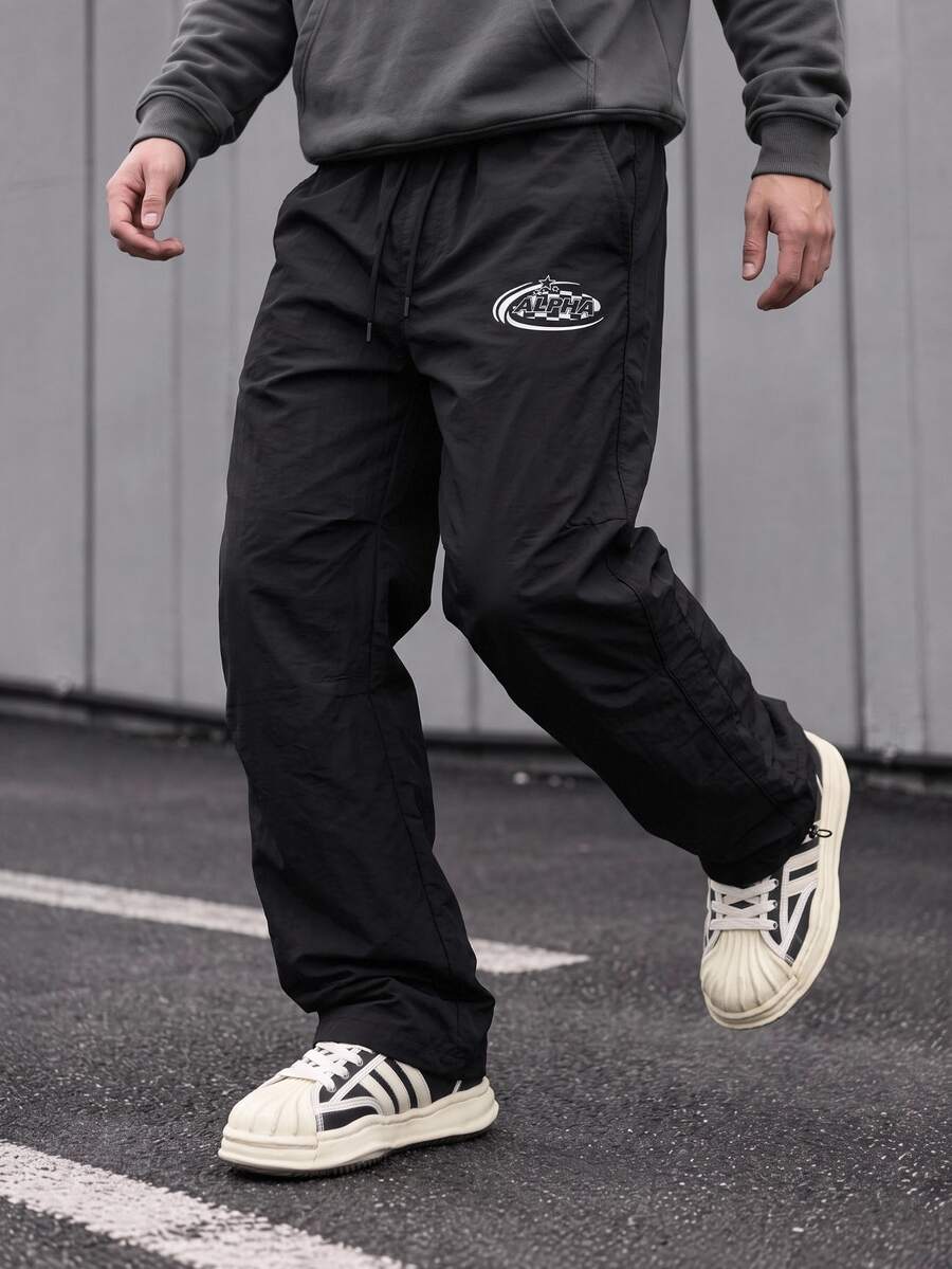 Sport MetroGents Men's Casual Letter Print Drawstring Waist Sports Pants Fall Breathable Comfortable Breathable Baggy For Gym Casual Slacks Sweat Pants - Black - View 1