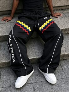 Sport MetroGents 男士幾何圖案與字母印花抽繩腰運動長褲，附口袋，健身房適用 - 黑色 - 查看 8