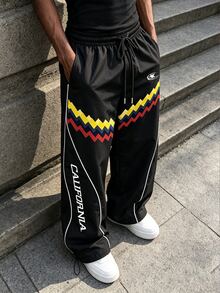 Sport MetroGents 男士幾何圖案與字母印花抽繩腰運動長褲，附口袋，健身房適用 - 黑色 - 查看 5