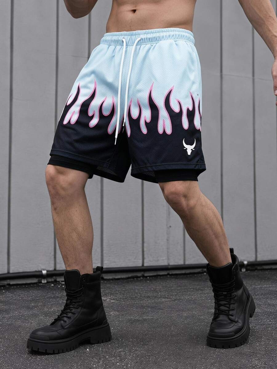 Sport MetroGents 男士休閒運動 2 合 1 印花抽繩短褲,健身房適用 - 黑色 - 查看 1