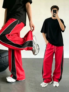 Sport MetroGents Men's Casual Versatile Striped Design Straight Leg Sports Pants, Suitable For Everyday Wear, Summer & All Seasons, Gym, Football - Red - View 3