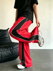 Sport MetroGents Men's Casual Versatile Striped Design Straight Leg Sports Pants, Suitable For Everyday Wear, Summer & All Seasons, Gym, Football - Red - View 5