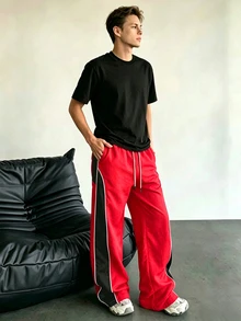 Sport MetroGents Men's Casual Versatile Striped Design Straight Leg Sports Pants, Suitable For Everyday Wear, Summer & All Seasons, Gym, Football - Red - View 8