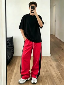 Sport MetroGents Men's Casual Versatile Striped Design Straight Leg Sports Pants, Suitable For Everyday Wear, Summer & All Seasons, Gym, Football - Red - View 7
