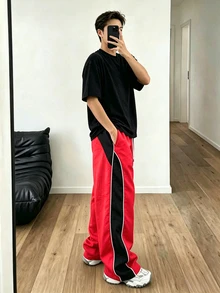 Sport MetroGents Men's Casual Versatile Striped Design Straight Leg Sports Pants, Suitable For Everyday Wear, Summer & All Seasons, Gym, Football - Red - View 6