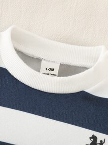 SHEIN 新生兒男嬰黑白條紋圓領長袖泰迪熊圖案連身衣，時尚休閒簡約可愛，適合秋季 - 藍白色 - 查看 4
