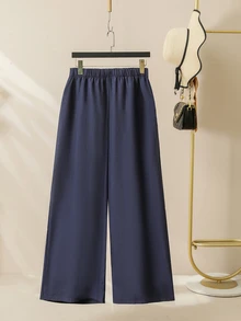 Lacomfia Elegant Mesh Contrast Crew Neck 3/4 Sleeve Loose Casual Shirt And Elastic Waist Long Pants Plus Size Two-Piece Set, Spring/Autumn Fall - Navy Blue - View 5