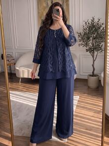 Lacomfia Elegant Mesh Contrast Crew Neck 3/4 Sleeve Loose Casual Shirt And Elastic Waist Long Pants Plus Size Two-Piece Set, Spring/Autumn Fall - Navy Blue - View 1