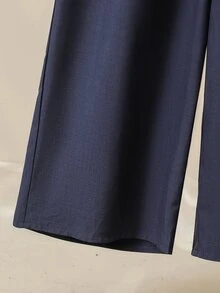 Lacomfia Elegant Mesh Contrast Crew Neck 3/4 Sleeve Loose Casual Shirt And Elastic Waist Long Pants Plus Size Two-Piece Set, Spring/Autumn Fall - Navy Blue - View 9