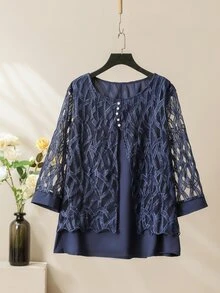 Lacomfia Elegant Mesh Contrast Crew Neck 3/4 Sleeve Loose Casual Shirt And Elastic Waist Long Pants Plus Size Two-Piece Set, Spring/Autumn Fall - Navy Blue - View 8