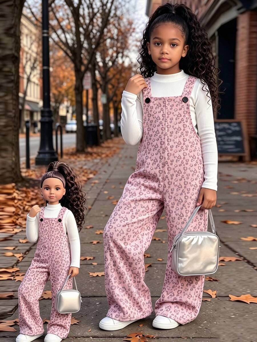 Elladie kids 女童可愛白色印花羅紋連身褲,2026秋冬時尚寬腿吊帶褲,7歲生日婚禮冬季仙女公主風 - 粉色 - 查看 1