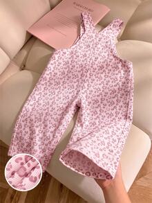 Elladie kids 女童可愛白色印花羅紋連身褲，2026秋冬時尚寬腿吊帶褲，7歲生日婚禮冬季仙女公主風 - 粉色 - 查看 2